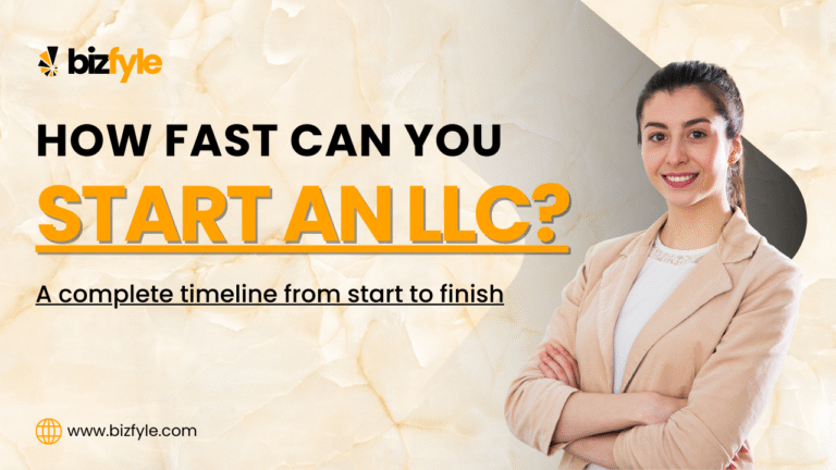 A woman standing folding hands beside the text that says "How Fast Can you start an LLC?"
