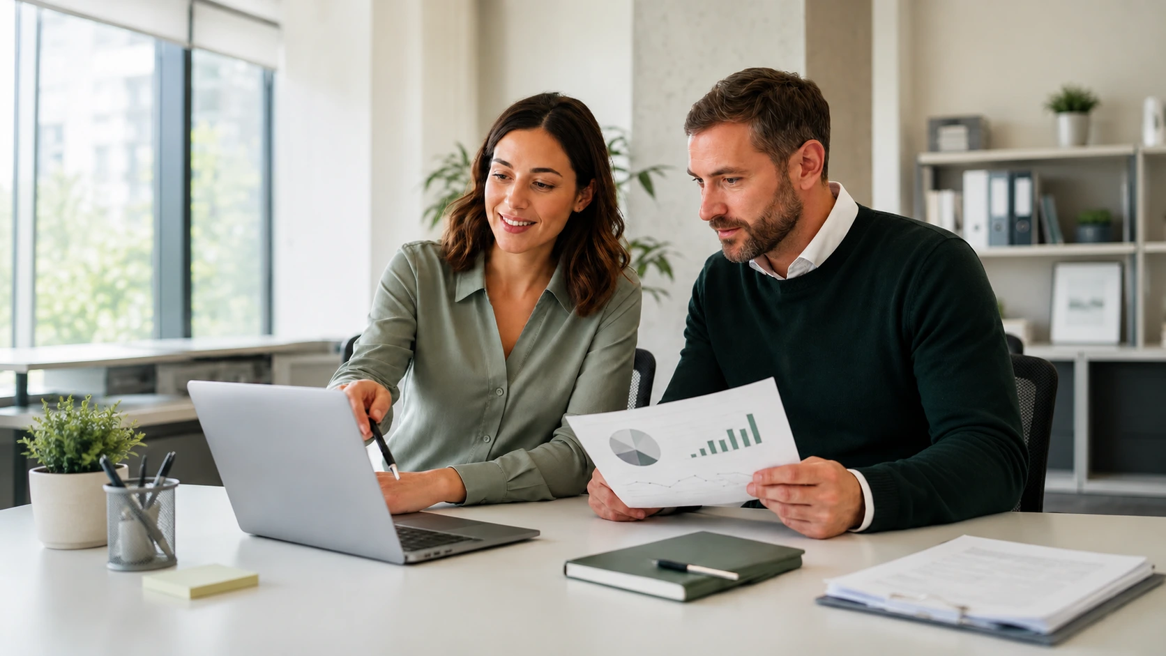 Software founder reviewing reports with a finance advisor