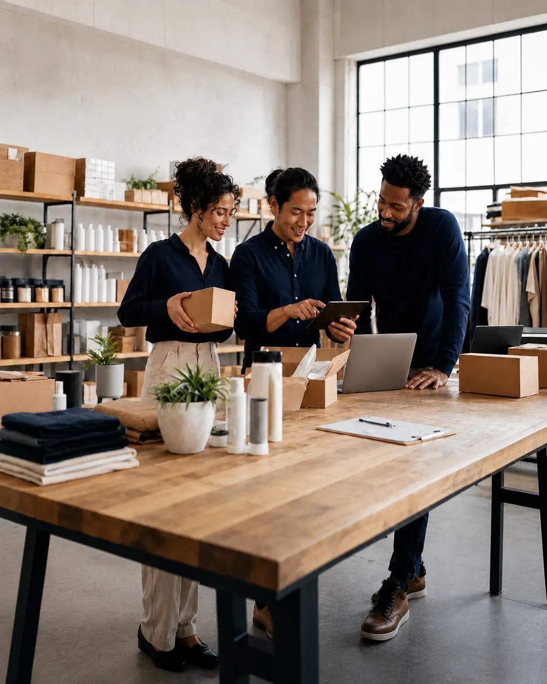E-commerce operators collaborating in a modern fulfillment workspace