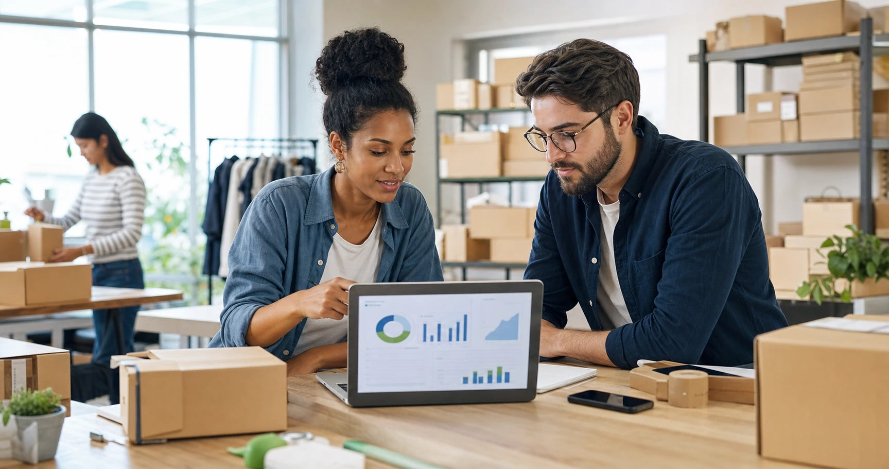 E-commerce founders reviewing store performance in a fulfillment workspace