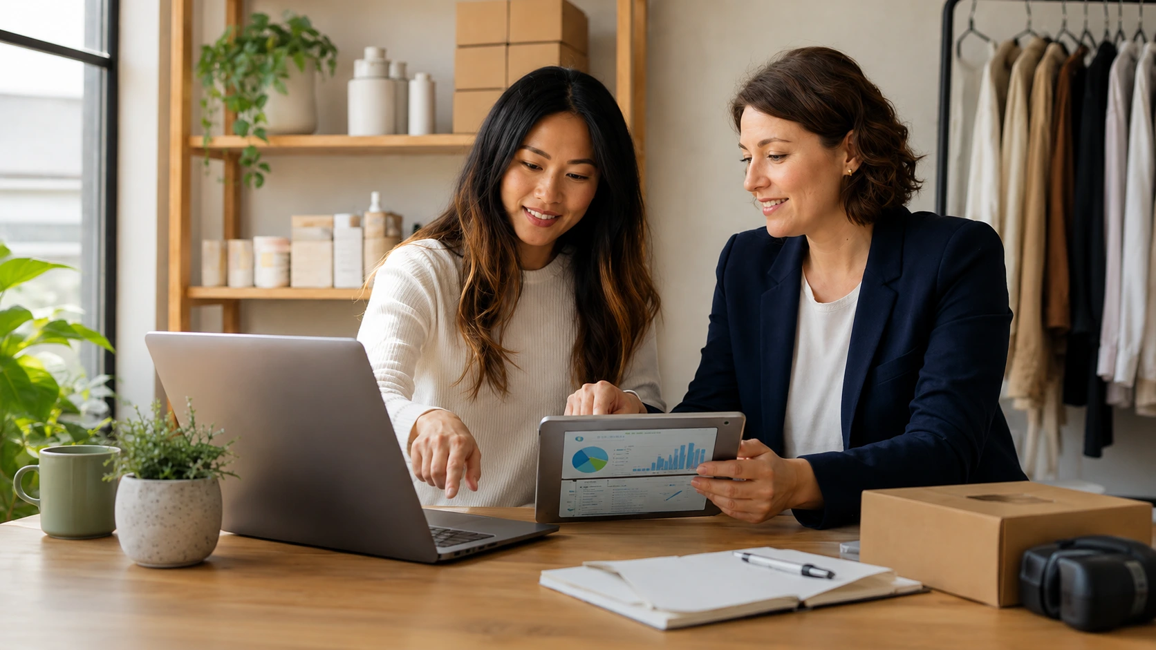 E-commerce owner and advisor reviewing channel performance