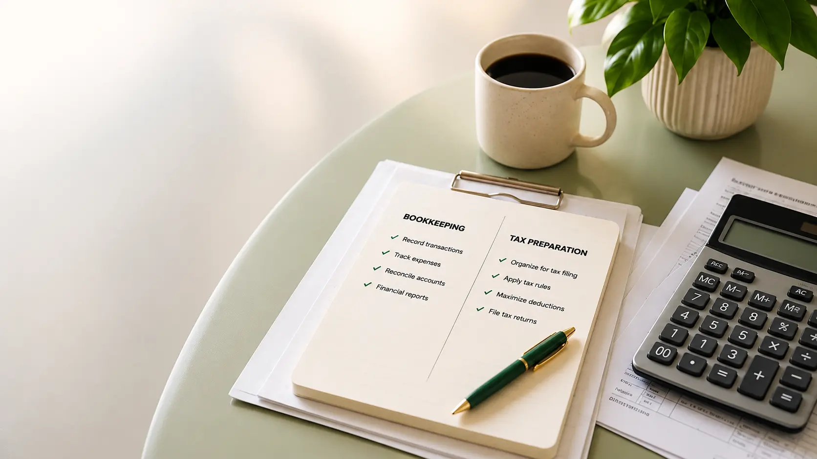 Bookkeeping and tax preparation desk setup
